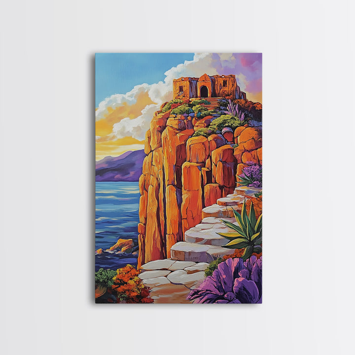 Cliffside Ruins, Ocean, Sunset Ancient Fortress Art, Framed Canvas Print, Dramatic Living Room Wall Decor, Southwest Adventure Style