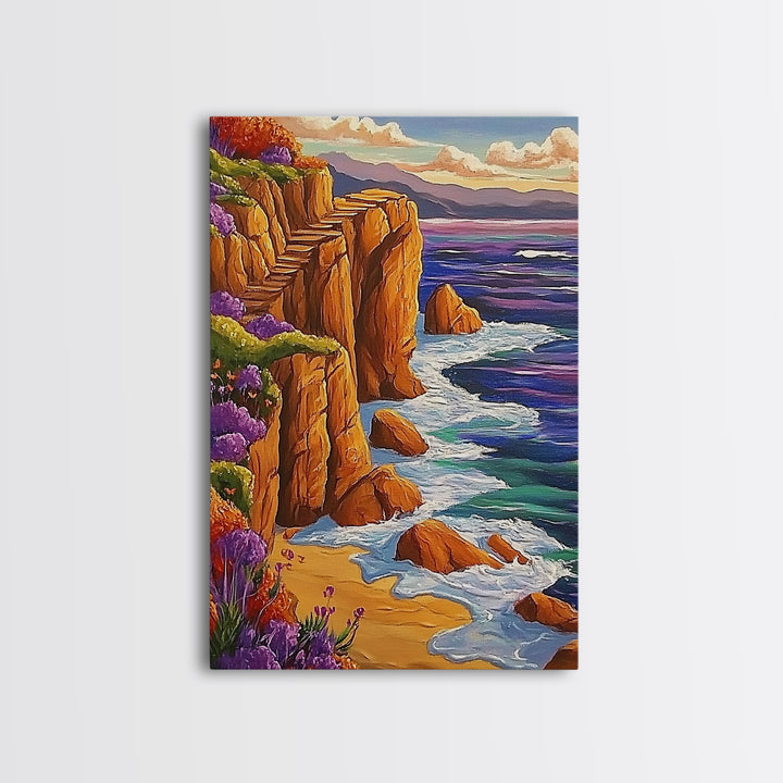 Ocean Cliffside, Path, Sunset, Canvas Print scenic ocean stairs artwork, coastal nature landscape print, Bedroom Wall Art, boho art