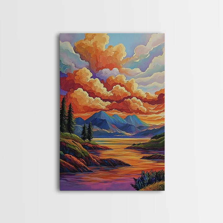 Mountains Lake, Sky Reflection, Canvas Print sunset mountain scene wall decor, serene nature landscape painting, Living Room Wall Art