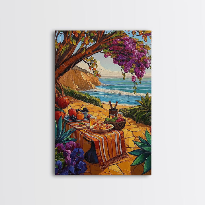 Picnic Beach, Fall Ocean, Framed Canvas Print cozy coastal picnic painting, fall harvest beachside art, Dining Room Wall Art, rustic art