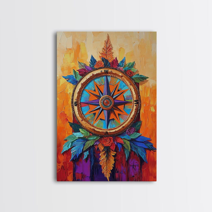 Compass, Rustic, Floral, Wall, Framed Canvas Print, Boho compass rose art with flowers, ideal bohemian home decor or entryway statement art