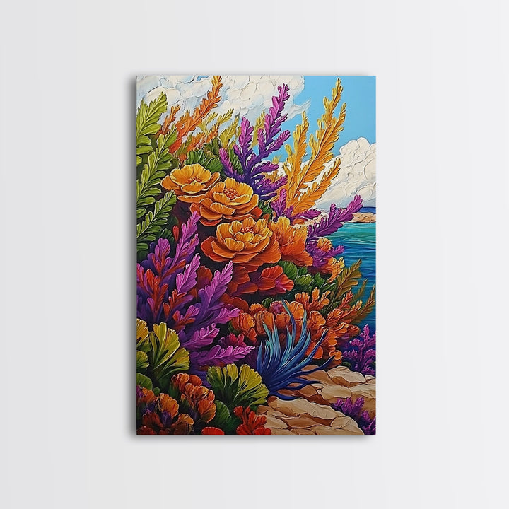 Coastal, Botanical, Garden, Flowers, Framed Canvas Print, Bright coastal flowers with ocean view, ideal summer vibe bathroom or patio wall art