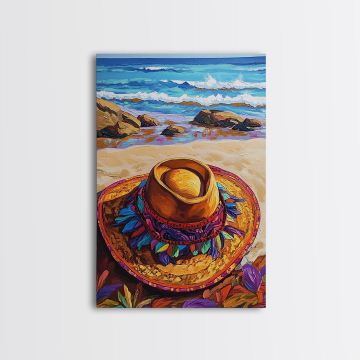 Beach, Hat, Summer, Coastal, Canvas Print, Summer beach scene with festive sombrero, great coastal kitchen or vacation home wall art