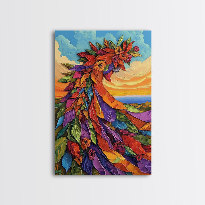 Abstract Bloom, Petals, Rainbow, Framed Canvas Print, bold flower art, modern botanical decor, textured wall piece, Bedroom or Entryway