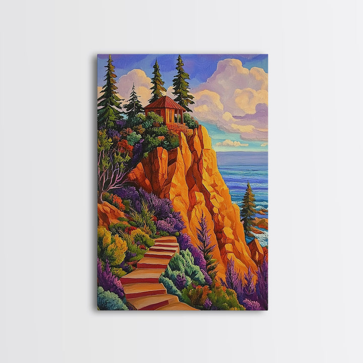 Cliff Cabin, Ocean, Trees, Framed Canvas Print, Seaside cabin on cliff with vivid trees and ocean view, rustic fall living room wall art