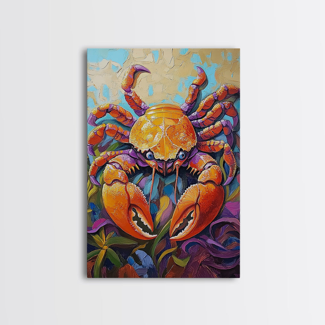 Crab Ocean, Bold, Seafood, Framed Canvas Print, Colorful crab painting with vivid detail, fun nautical art, beach kitchen decor
