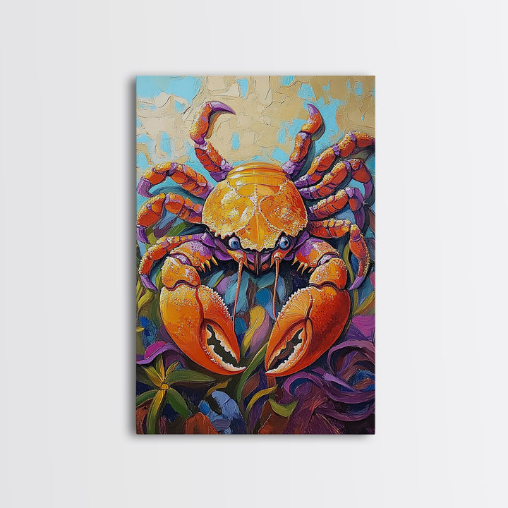 Crab Ocean, Bold, Seafood, Framed Canvas Print, Colorful crab painting with vivid detail, fun nautical art, beach kitchen decor
