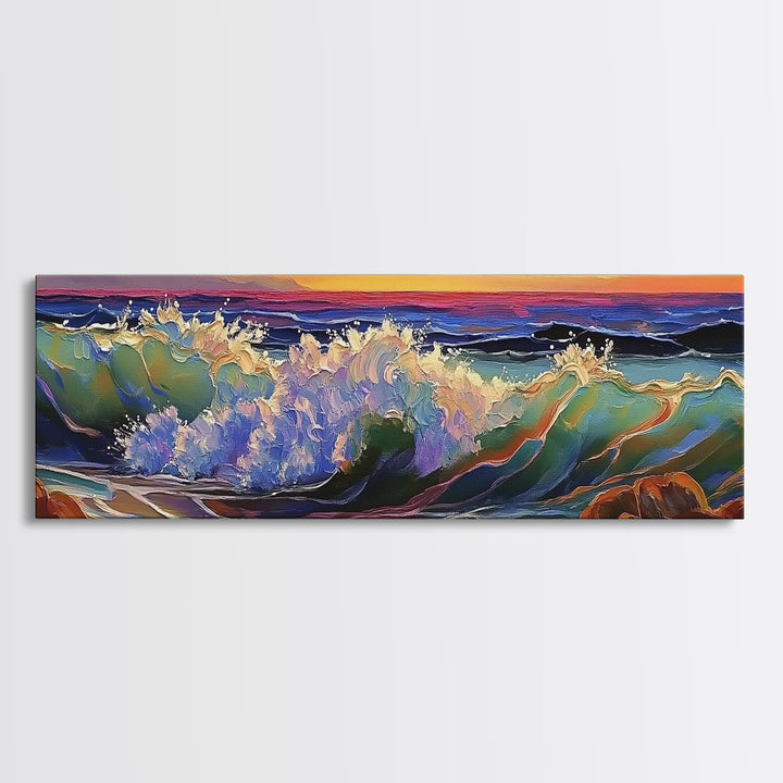 Breaking Wave, Seascape Sunset, Surf Art, Tranquil Ocean, Framed Canvas Print, Beach House Wall Art, Coastal Living Decor, Nature Scene