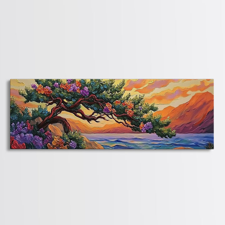 Coastal Tree, Sunset Glow, Flowering Branches, Ocean Horizon, Canvas Print, Bedroom Wall Art, Tranquil Nature Scene, Vibrant Landscape