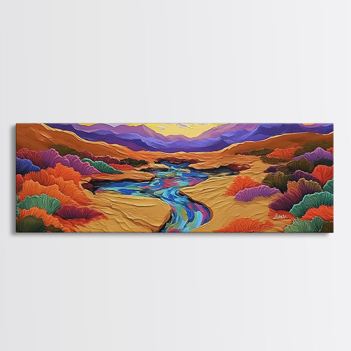 Desert River Sunset, Bold Nature Painting, Vibrant Landscape, Fall Wall Decor, Earthy Living Room Framed Canvas Print, Beach House Wall Art