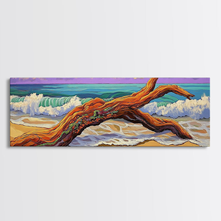 Driftwood Beach, Ocean Wave Art, Coastal Wall Art, Framed Canvas Print, Nature Home Decor, Relaxing Bathroom Art, Bedroom Art