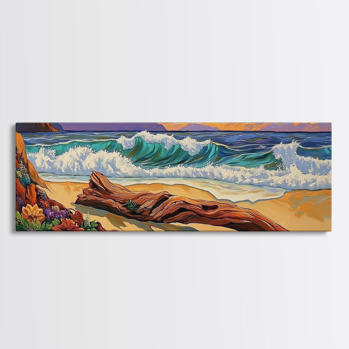 Ocean Shore Driftwood, Seaside Flower Art, Nature Landscape, Framed Canvas Print, Coastal Living Room or Beach House Wall Art