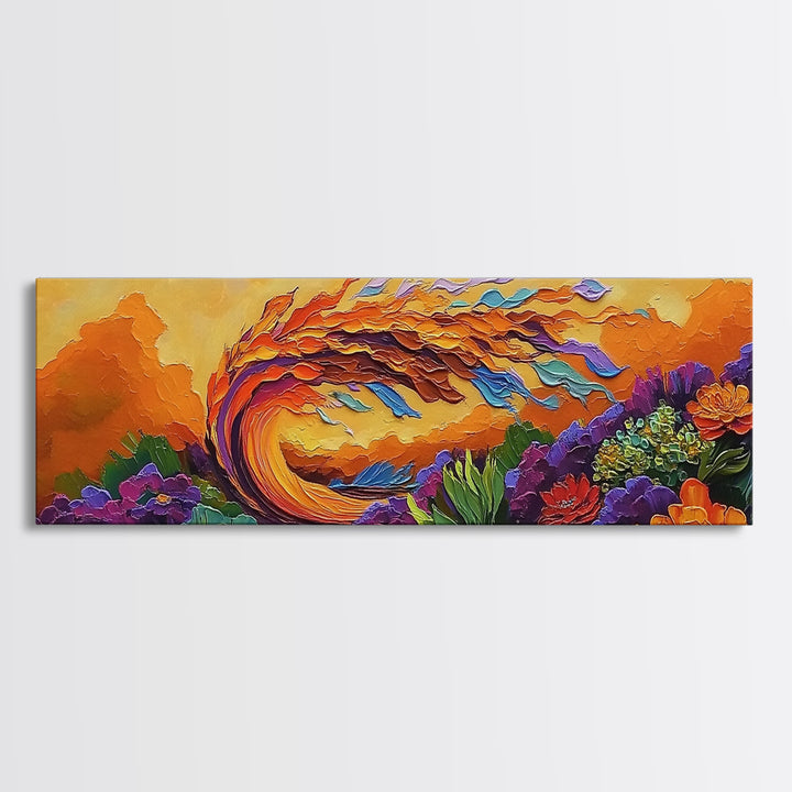Abstract Wave, Fiery Floral Splash, Boho Landscape Art, Framed Canvas Print, Bold Living Room Statement Wall Decor