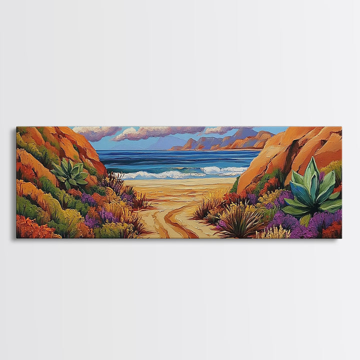 Desert Path, Beach Escape, Vibrant Nature, Scenic View, Framed Canvas Print, landscape painting, hallway art, sunset wall decor