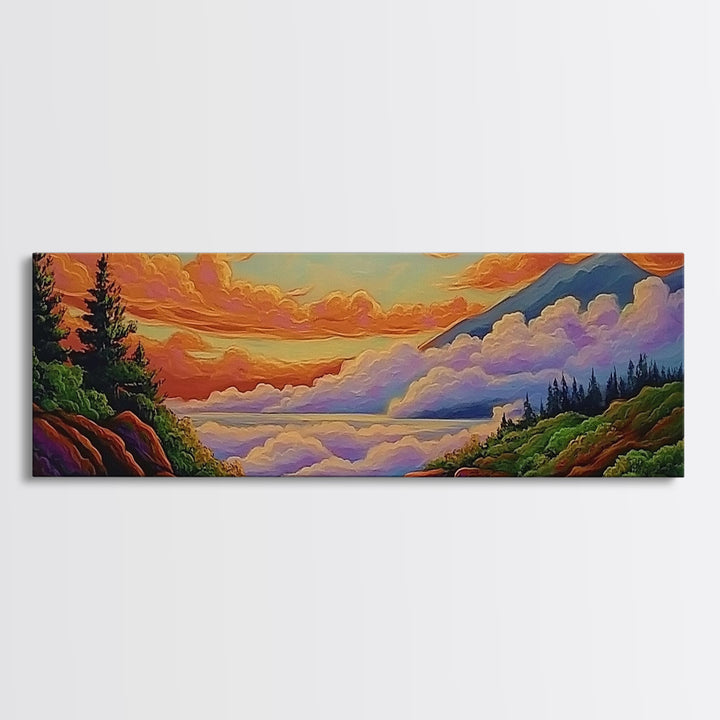 Cloudy Mountains, Sunset Glow, Forest Horizon, Tranquil Vibes, Framed Canvas Print, peaceful landscape, bedroom wall art