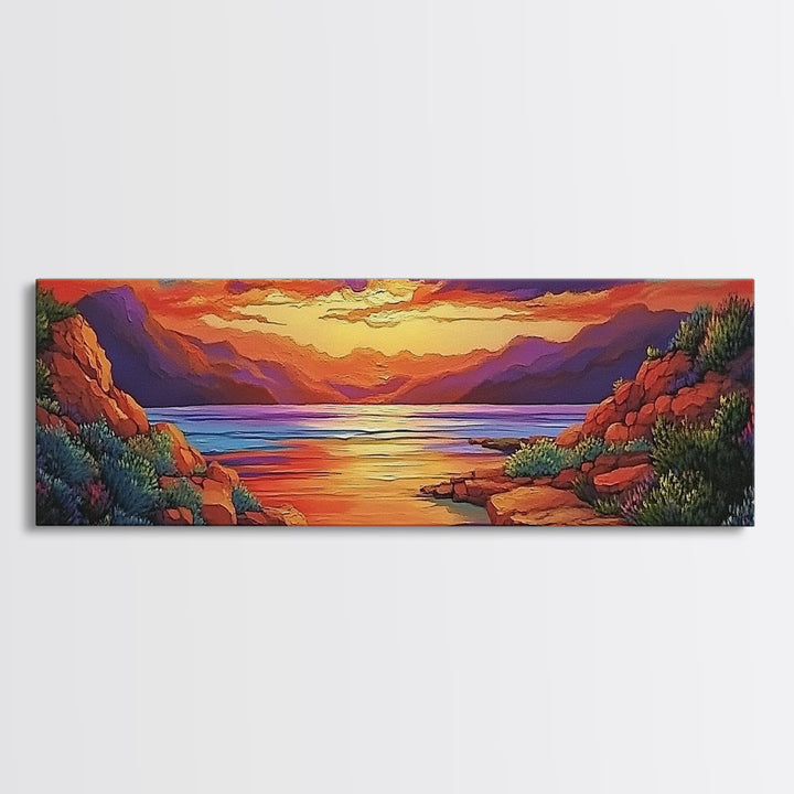 Rocky Sunset, Tranquil Cove, Mountain Glow, Ocean Calm, Framed Canvas Print, vivid sunset art, nature escape, living room decor