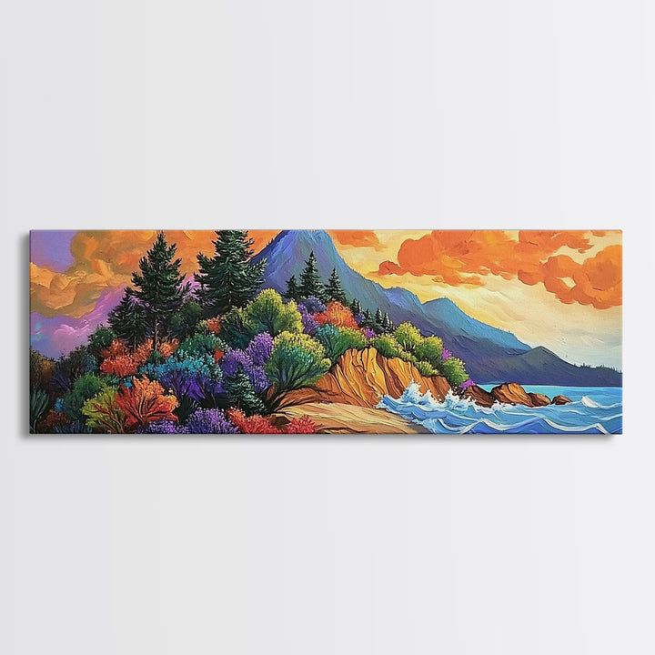 Coastal Forest, Sunset Beach, Lush Pines, Mountain Glow, Framed Canvas Print, outdoor art, nature landscape, hallway decor