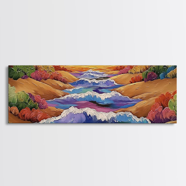 Rolling Waves, Ocean Energy, Sunset Coastline, Canvas Print, coastal living room decor, vivid surf art, bold beach vibe painting