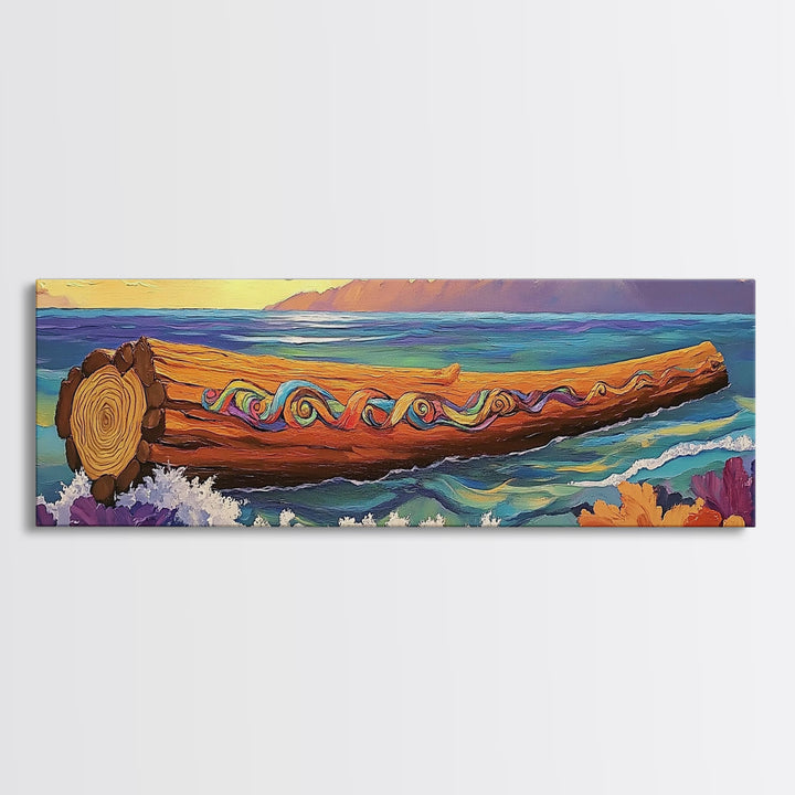 Ocean Driftwood Painting, Coastal Log Art, Vibrant Nautical Wall Scene, Framed Canvas Print, Beach House Decor, Living Room Art