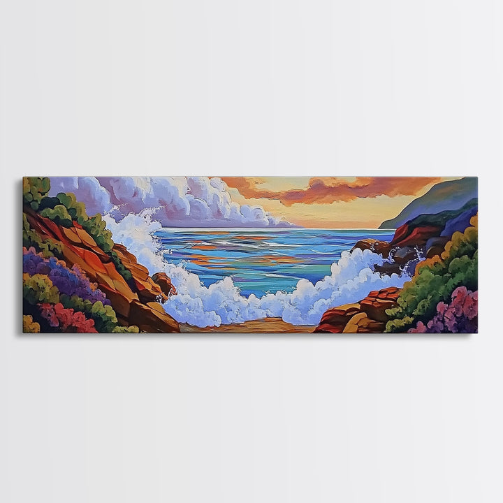 Crashing Waves Painting, Rocky Shoreline View, Sunset Coastal Landscape, Framed Canvas Print, Nautical Art, Living Room Decor