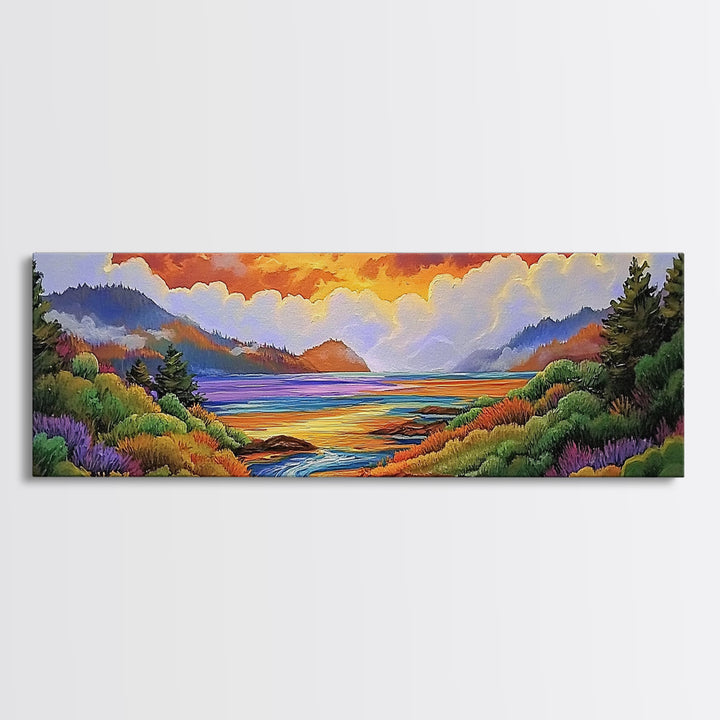 Sunset Lake Scene, Mountain View Art, Tranquil Waterscape Landscape, Framed Canvas Print, Nature Office Decor, Living Room Art