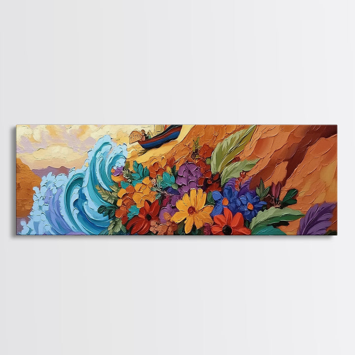 Wave and Flowers Painting, Sailboat Seaside Scene, Bold Floral Coastline Art, Framed Canvas Print, Bathroom Wall Art, Eclectic Art