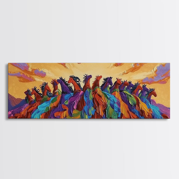 Running Wild Horses, Abstract Herd Scene, Sunset Equine Painting, Framed Canvas Print, Western Bedroom Wall Art, Living Room Decor