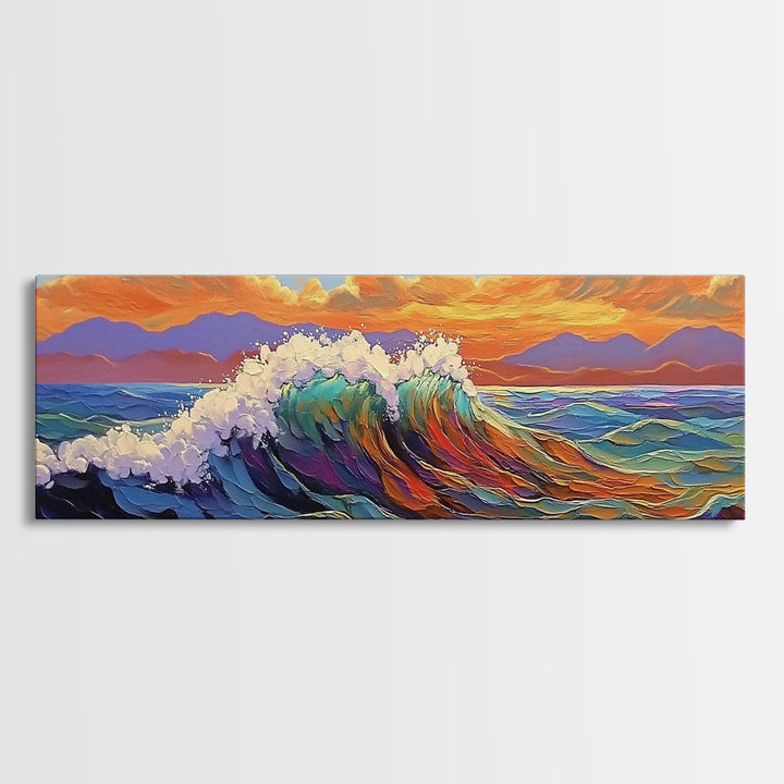 Ocean Wave Sunset, Vibrant Seascape Painting, Tropical Horizon Scene, Framed Canvas Print, Coastal Wall Art, Nautical Decor