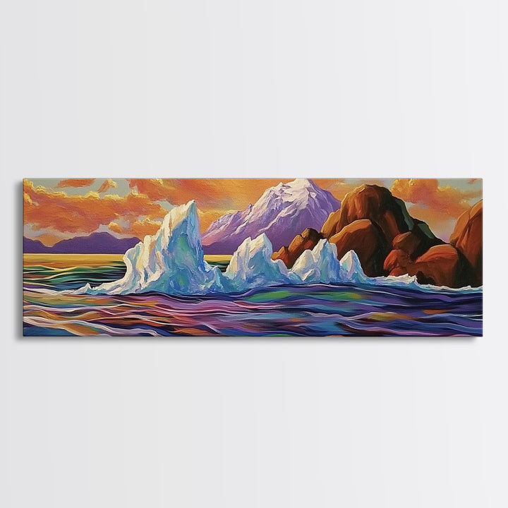 Iceberg Ocean Scene, Arctic Sunset Painting, Majestic Ice Waterscape, Framed Canvas Print, Coastal Wall Art, Winter Home Decor