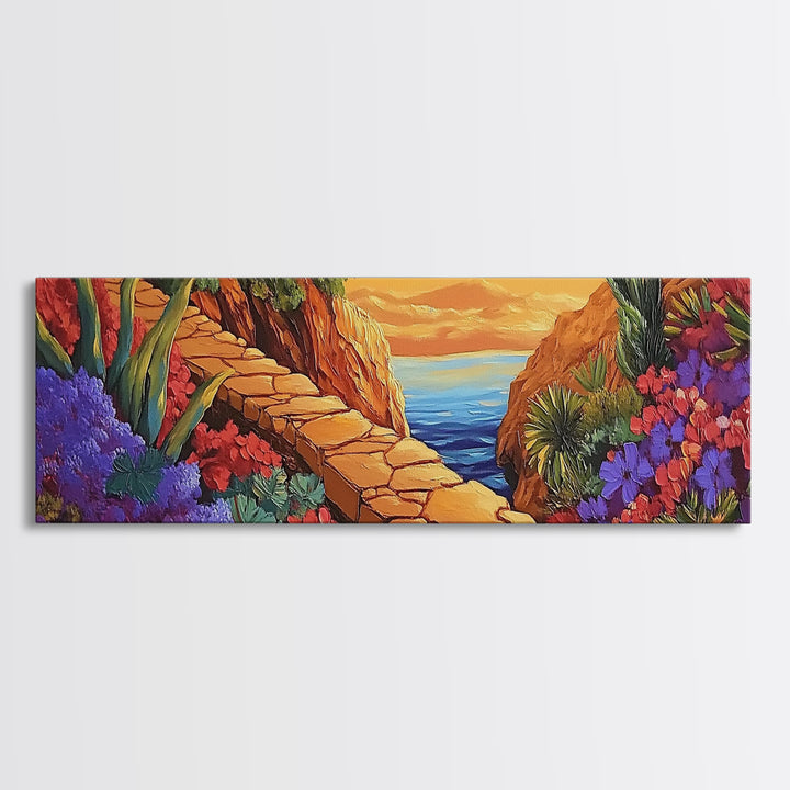Desert Path, Floral Trail, Mountain View, Framed Canvas Print, Southwestern Wall Art, Nature Inspired Art, Boho Vibe, Living Room Decor