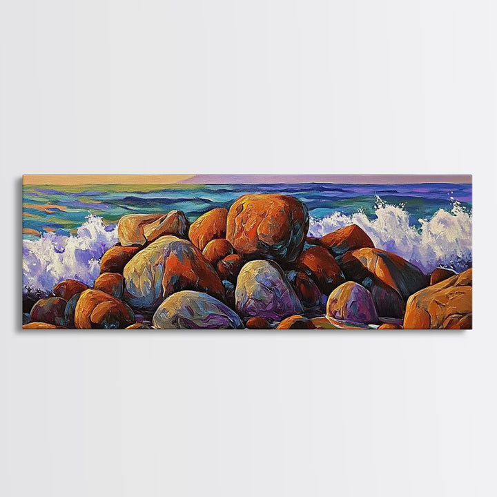 Coastal Boulders, Wave Crash, Ocean Energy, Framed Canvas Print, Beach House Wall Art, Seascape Painting, Coastal Decor, Nature Vibes