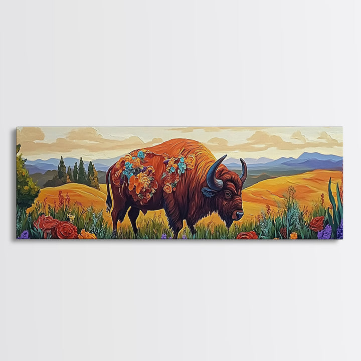 Bison Meadow, Wildflowers, Prairie Soul, Framed Canvas Print, Fall Wall Art, Western Decor, Rustic Living Room Art, Nature Art
