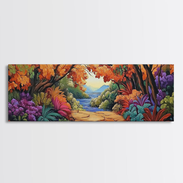 Autumn Archway, Colorful Path, Forest Lake, Vibrant Trees, Framed Canvas Print, Entryway Wall Art, Fall Nature Scene, Boho Art