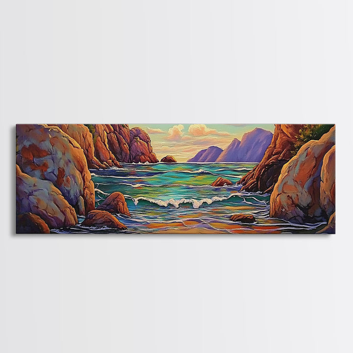 Rocky Cove, Sunset Ocean, Wave Art, Coastal View, Framed Canvas Print, Bathroom Wall Art, Earth Tones, Seascape Canvas Decor