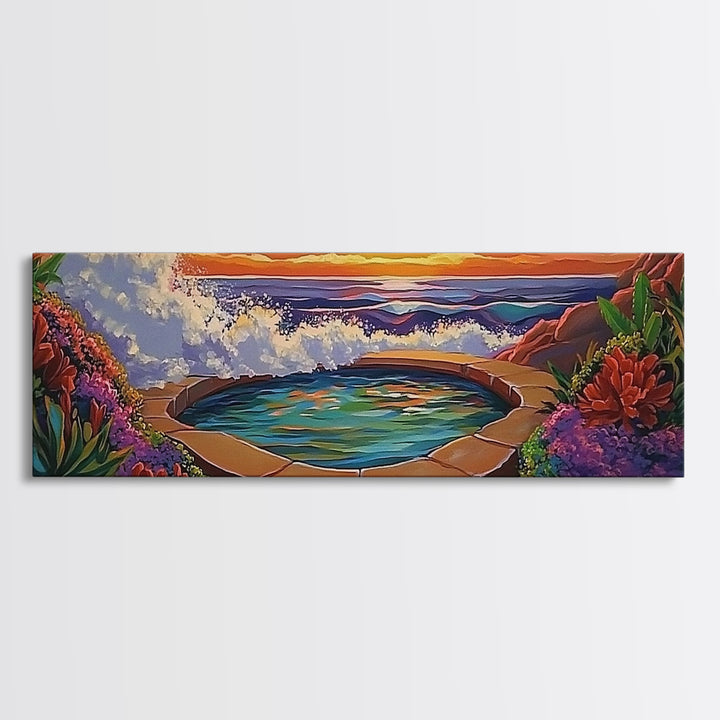 Ocean Hot Spring, Tropical Spa Scene, Sunset Serenity, Coastal Zen, Framed Canvas Print, Relaxation Art, Bohemian Wall Art