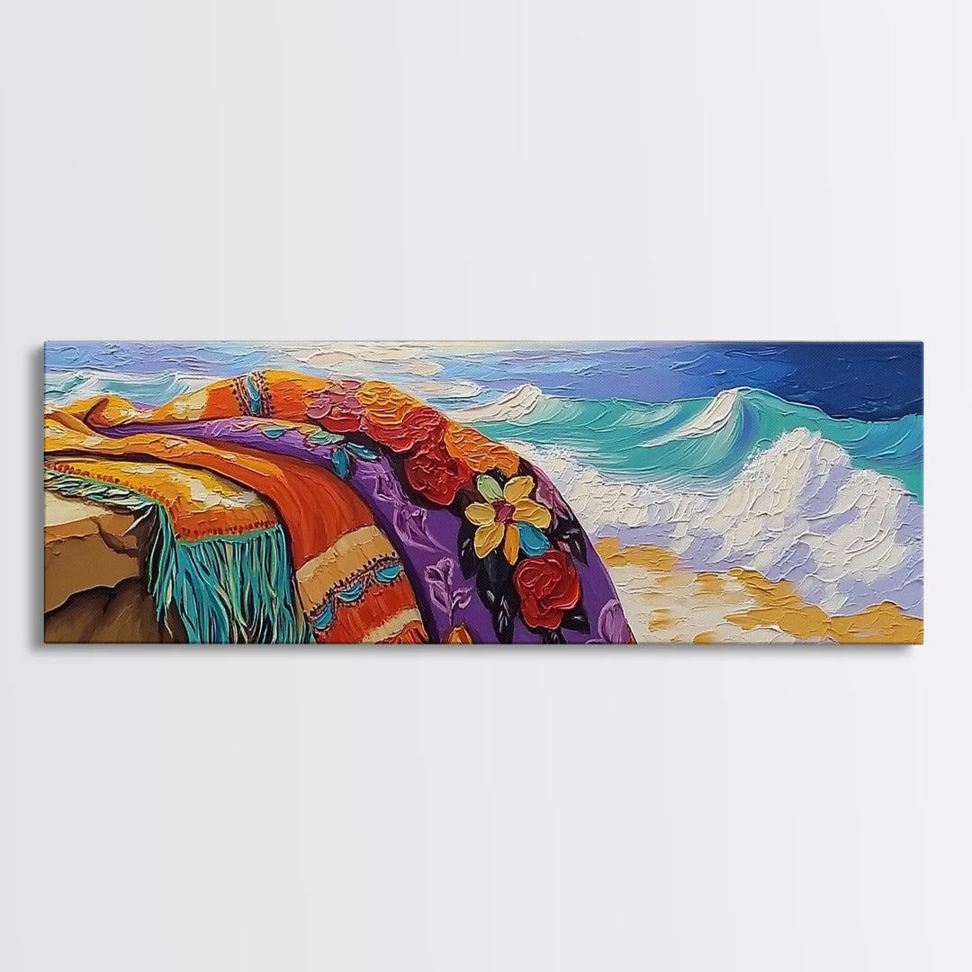 Ocean Blanket Painting, Sunset Coastline Scene, Canvas Print, Coastal Boho Wall Art, Bedroom or Beach House Decor