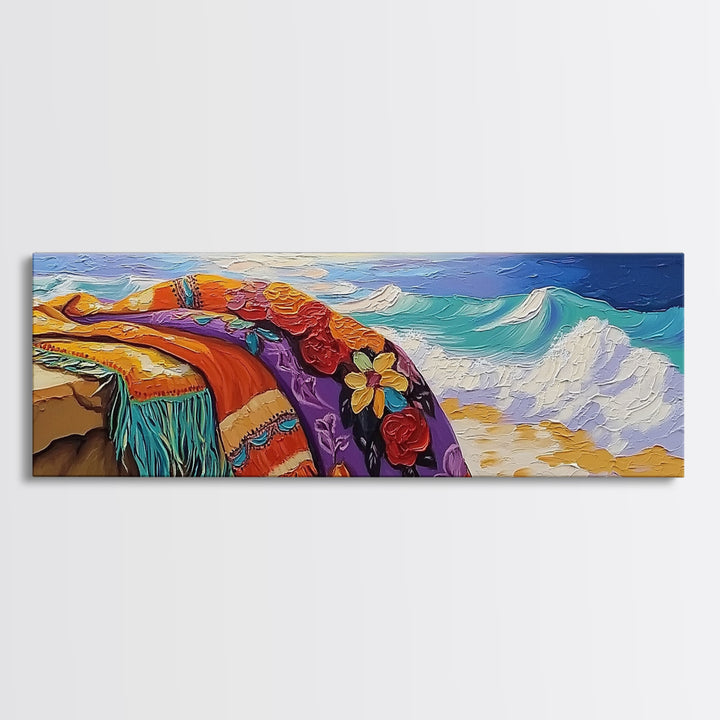 Ocean Blanket Painting, Sunset Coastline Scene, Canvas Print, Coastal Boho Wall Art, Bedroom or Beach House Decor