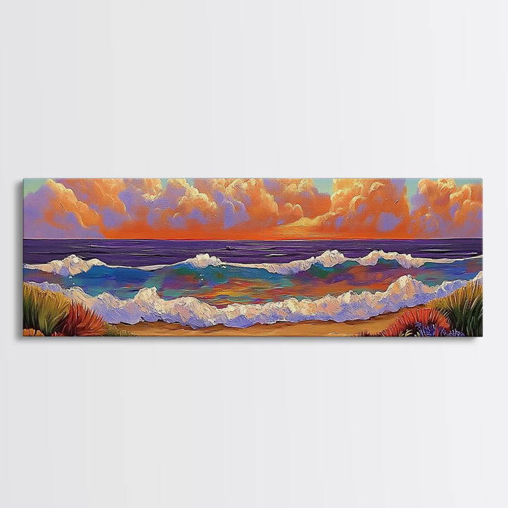 Beach Sunset, Gentle Waves, Cotton Clouds, Summer Calm, Framed Canvas Print, Coastal Wall Art, Soft Pastel Ocean Landscape