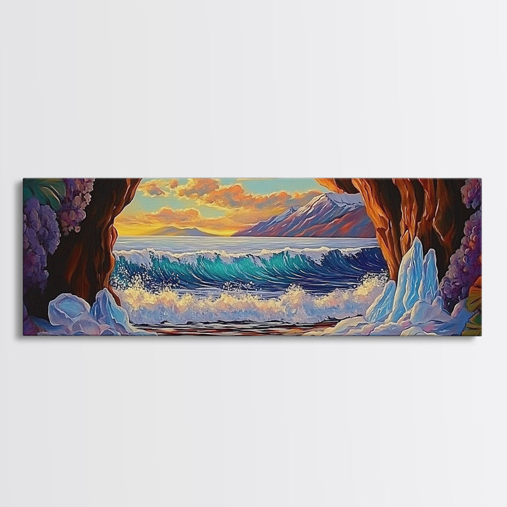 Arctic Ocean Cave, Winter Seascape, Vibrant Ice Waves, Framed Canvas Print, Seasonal Wall Art, Coastal Fantasy Decor