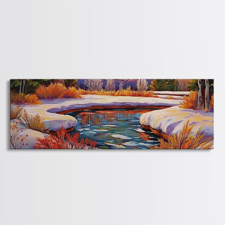 Snowy Mountain Pond, Winter Forest Stream, Sunset Reflection, Canvas Print, Rustic Cabin Wall Art, Nature Landscape Art