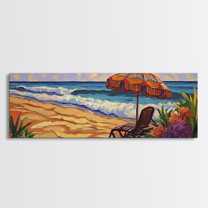 Beach Umbrella Scene, Vibrant Ocean View, Canvas Print, Tropical Coastal Decor, Seaside Living Room Wall Art, Boho Beach Style