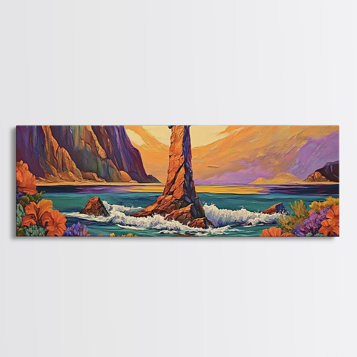 Ocean Rock Island, Sunset Coastline, Floral Foreground, Canvas Print, Living Room Wall Art, Mystical Nature Landscape