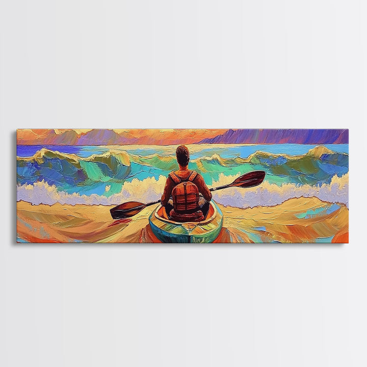 Ocean Kayaker, Waves Sunset, Adventure Spirit, Beach Home Accent, Framed Canvas Print, Coastal Wall Art, Colorful Outdoor Art