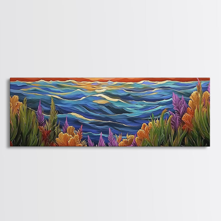 Ocean Horizon, Sunset Sea, Flower Garden, Nature Escape, Canvas Print, Beach House Decor, Tropical Seascape Wall Art