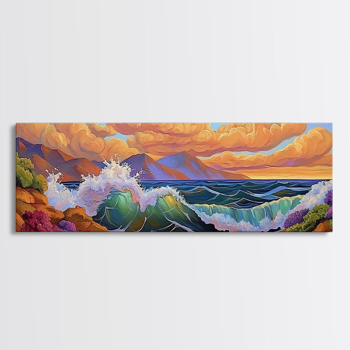 Coastal Surf, Sunset Clouds, Tropical Vibes, Ocean Wave Art, Framed Canvas Print, Beach House Decor, Seaside Living Room Art