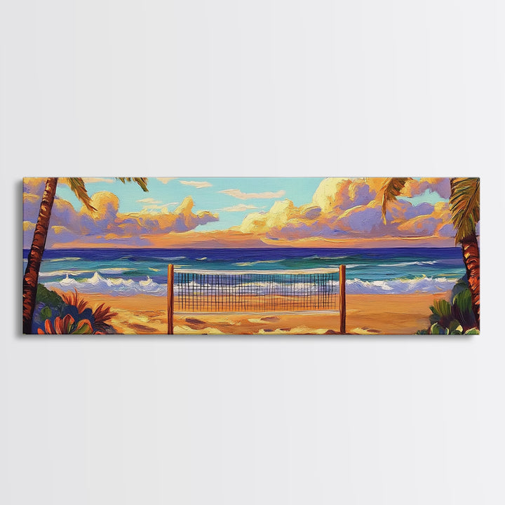 Beach Sunset, Palm Trees, Volleyball Net, Tropical Decor, Framed Canvas Print, Coastal Wall Art, Boho Beach Vibes, Game Room Art