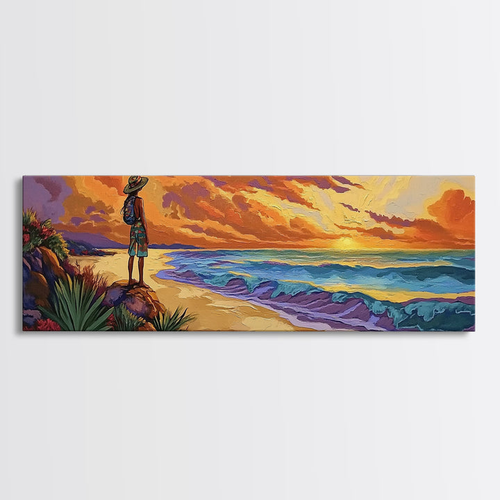 Ocean Sunset, Traveler View, Warm Colors, Beach Adventure, Framed Canvas Print, Wanderlust Wall Art, Bedroom Accent, Nature Lover Gift
