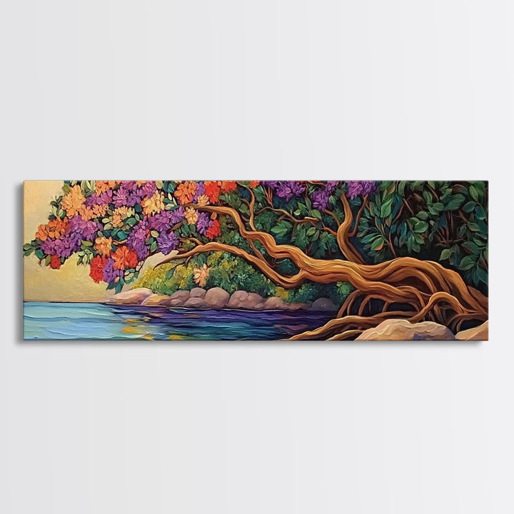 Blooming Tree, Ocean Shore, Tranquil Scene, Curved Branches, Framed Canvas Print, bedroom art, whimsical landscape, botanical wall piece