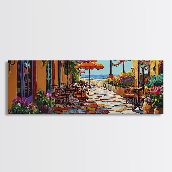 Coastal Café, Ocean View, Umbrella Patio, Bright Florals, Framed Canvas Print, Kitchen Wall Art, Mediterranean Style, Garden Dining Art