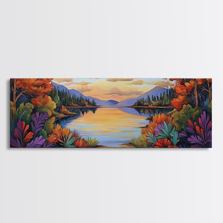 Autumn Lake Reflection, Tranquil Nature Painting, Fall Forest Sunset, Framed Canvas Print, Cozy Living Room or Cabin Wall Decor